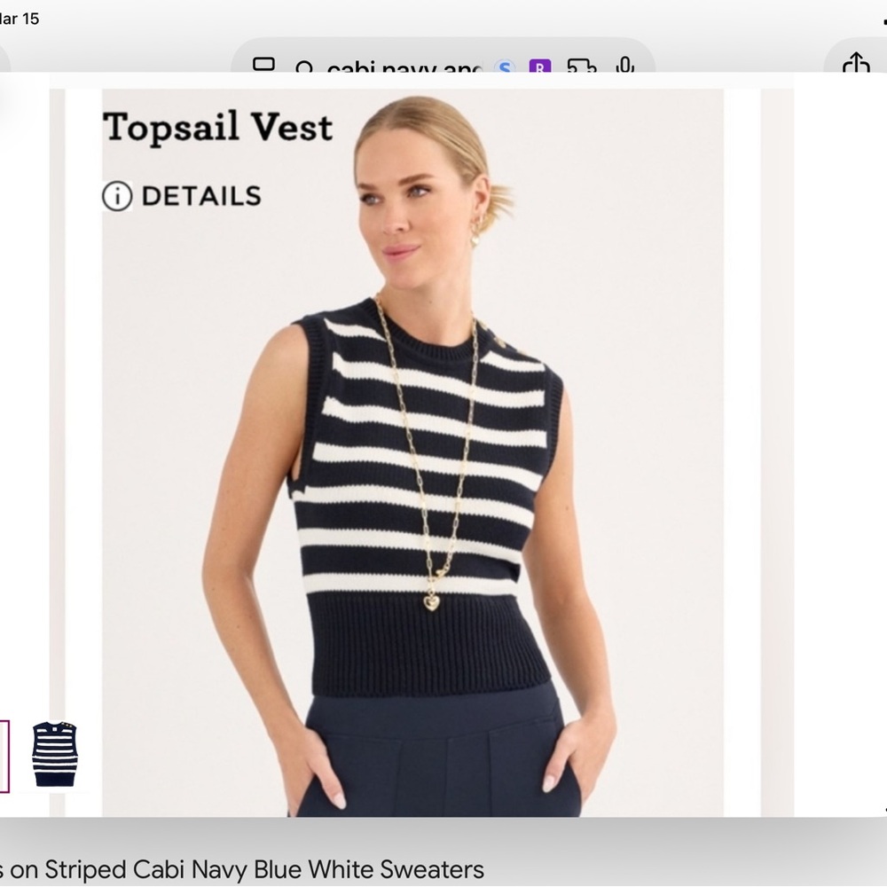 CAbi Topsail Vest Navy & White Striped Sweater Tank